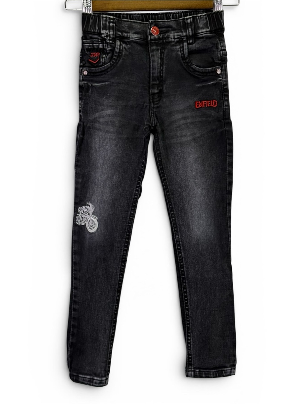 Mojoo Boys Washed Enfield Motorcycle Embroidered Jeans Size 6/7 Black